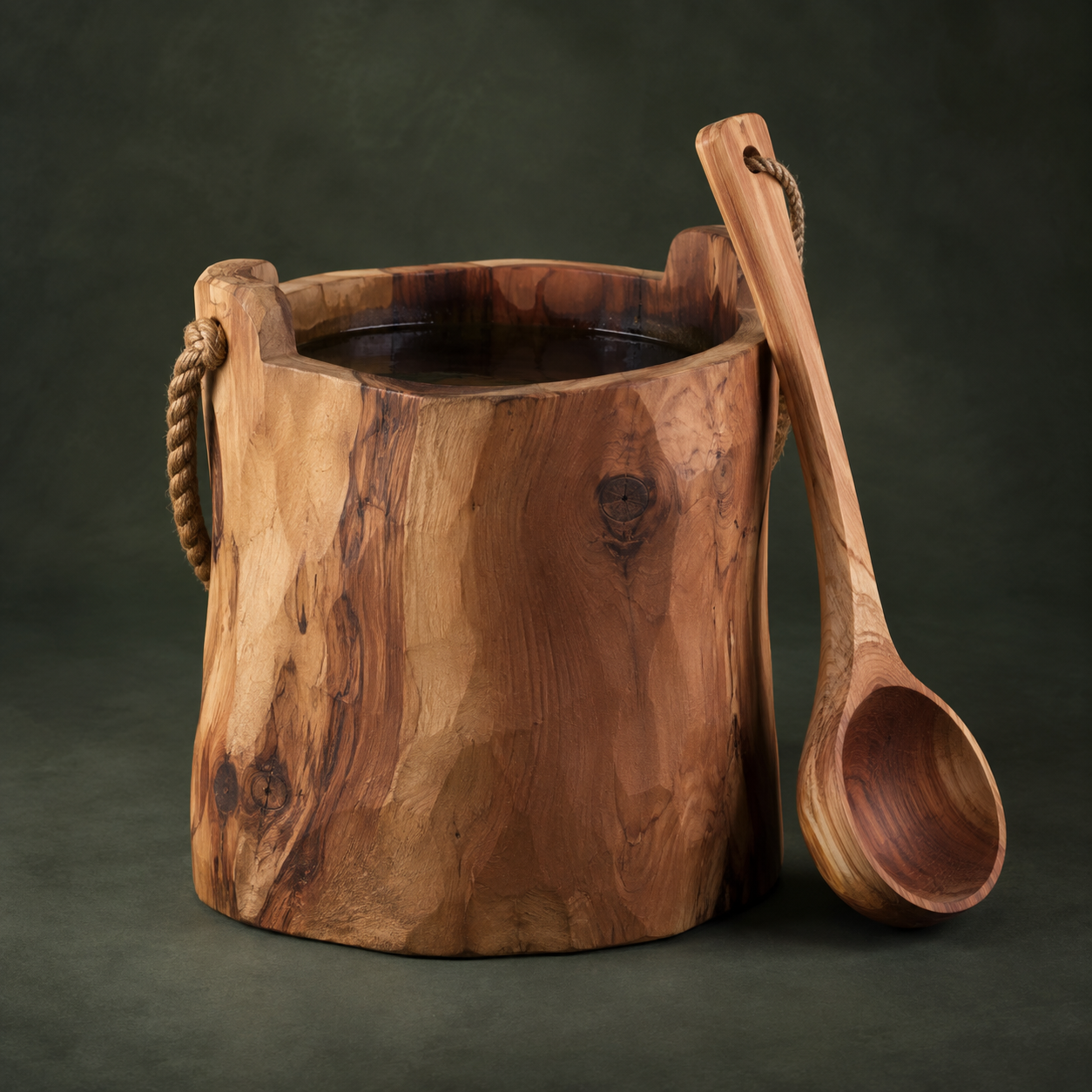 Hand-carved cedar stump water bucket